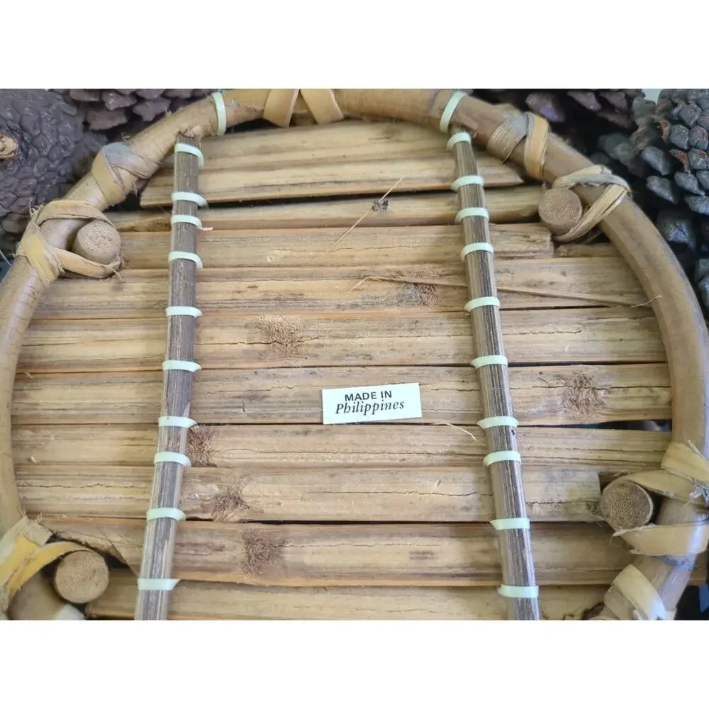 Round Bamboo Basket With Pine Cones And Handles 12 Inches Made In Philippines